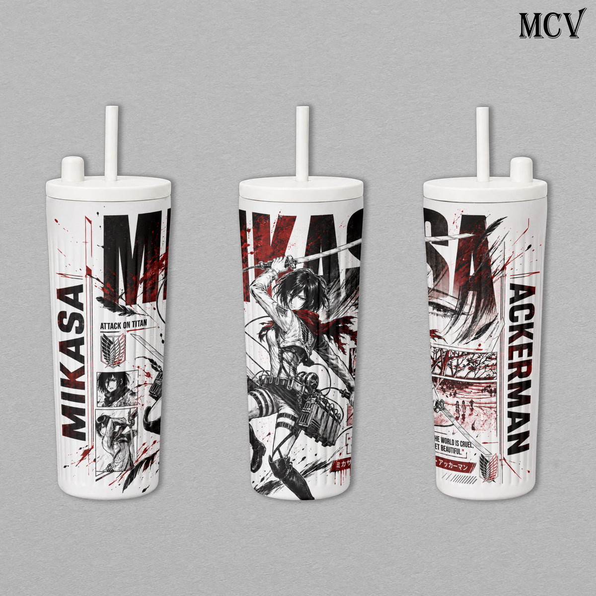 Mikasa Ackerman - Attack on Titan Anime - Survey Corps ODM Gear Red Scarf Manga Embossed Raised Art - 17oz 24oz 30oz Insulated Tumbler, Stainless Steel Water Bottle, Straw Cup, Handle Travel Mug