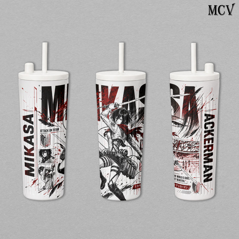 Mikasa Ackerman - Attack on Titan Anime - Survey Corps ODM Gear Red Scarf Manga Embossed Raised Art - 17oz 24oz 30oz Insulated Tumbler, Stainless Steel Water Bottle, Straw Cup, Handle Travel Mug