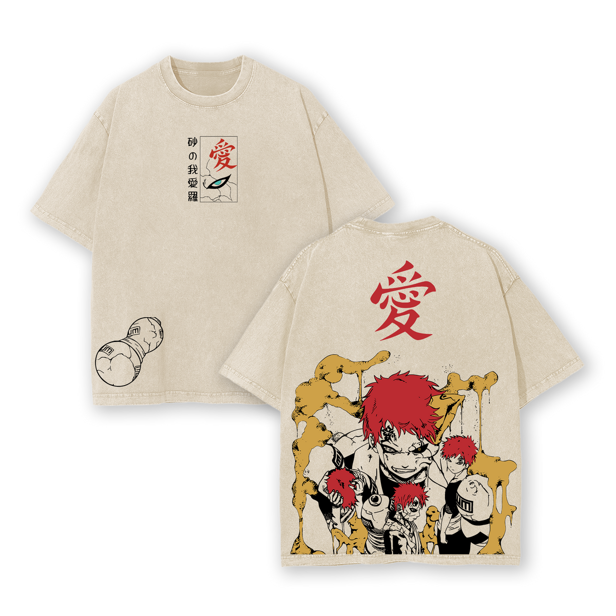 Limited Edition Sunagakure no Gaara - Naruto Shippuden Anime Double Printed Oversize Lightweight Acid Washed Tee