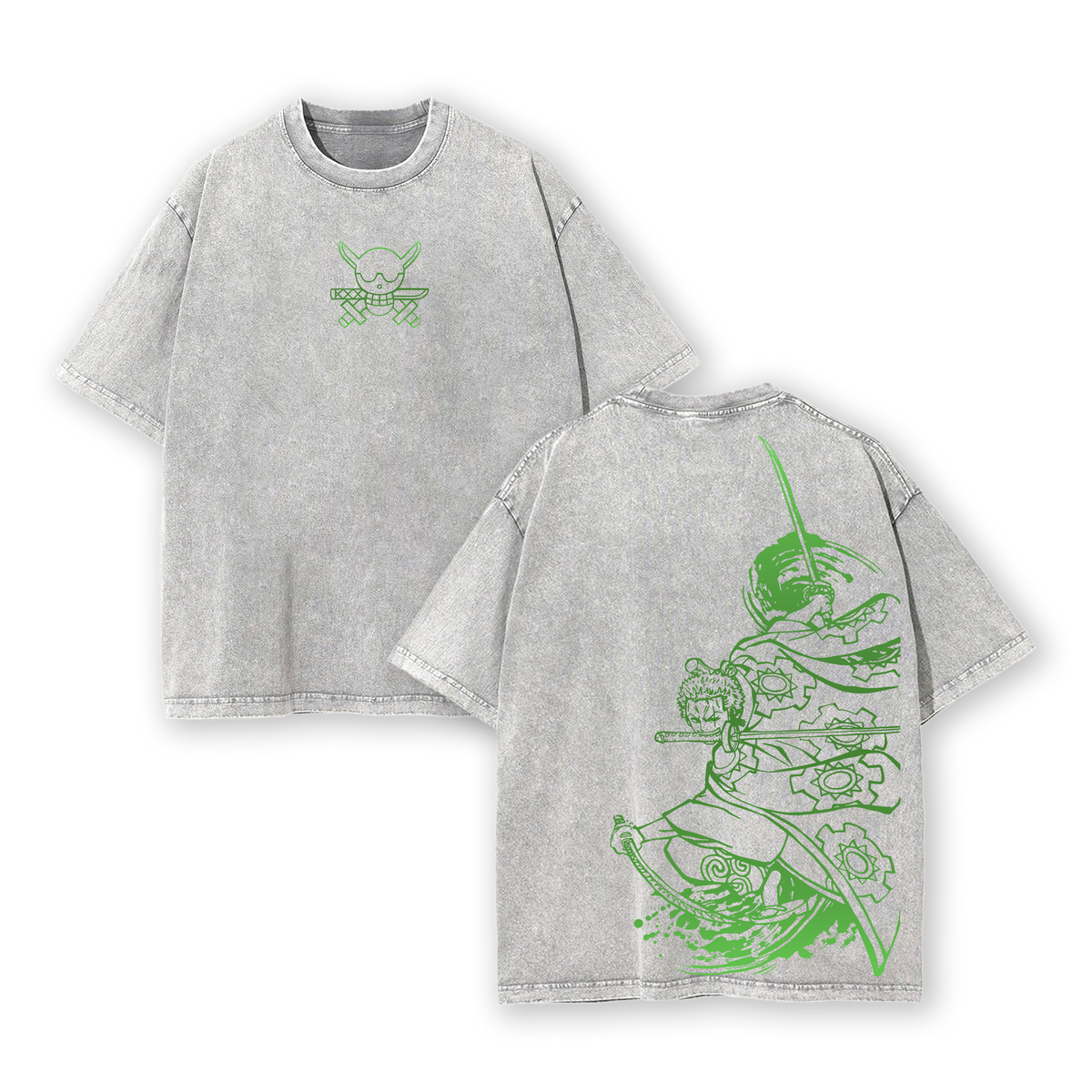 Retro One Piece Washed Tee – "Roronoa Zoro" Green Edition, Vintage Oversized T-Shirt Featuring Iconic Three-Sword Style & Pirate Hunter Design – Soft Cotton Streetwear Anime Merch for One Piece Fans