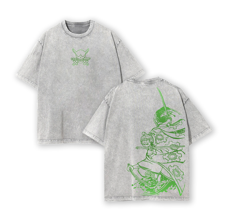 Retro One Piece Washed Tee – "Roronoa Zoro" Green Edition, Vintage Oversized T-Shirt Featuring Iconic Three-Sword Style & Pirate Hunter Design – Soft Cotton Streetwear Anime Merch for One Piece Fans