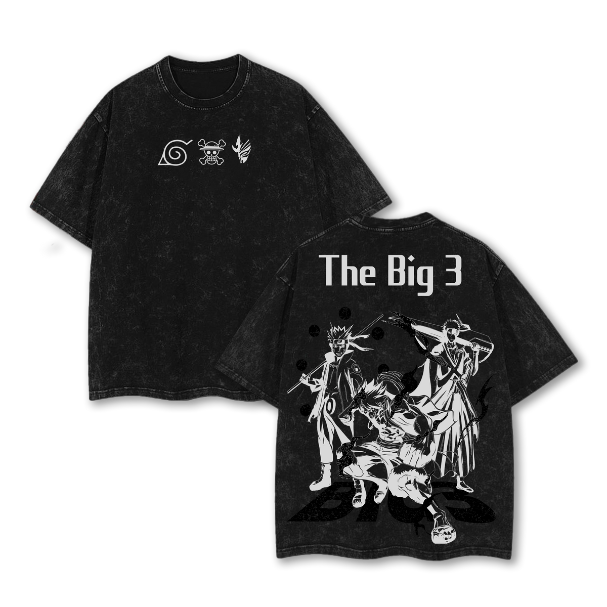 The Big 3 Anime T-Shirt – Oversized Vintage Washed Tee, Naruto One Piece Bleach Inspired Shirt