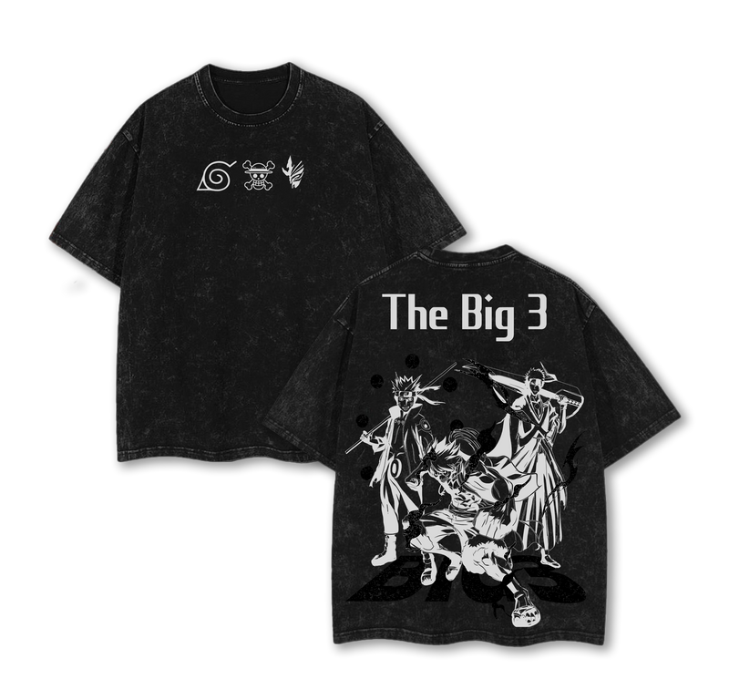 The Big 3 Anime T-Shirt – Oversized Vintage Washed Tee, Naruto One Piece Bleach Inspired Shirt