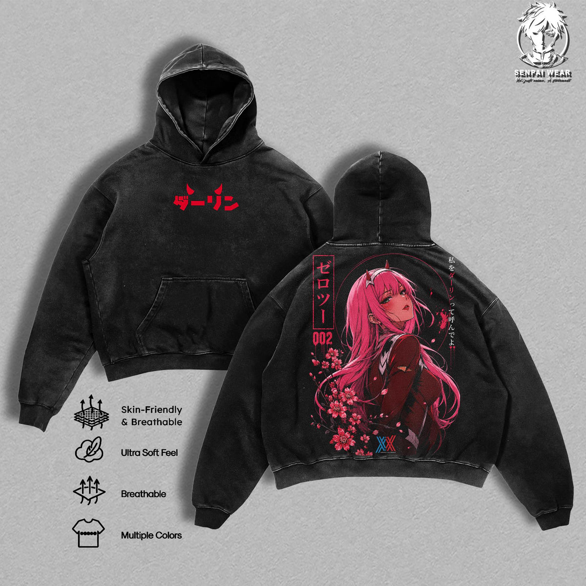 Zero Two – Darling in the Franxx Oversize Anime Graphic Tee, Acid Washed Heavy Cotton Shirt, Vintage Manga Streetwear, Unisex Casual Wear, Anime Merch, Gift for Anime Fans