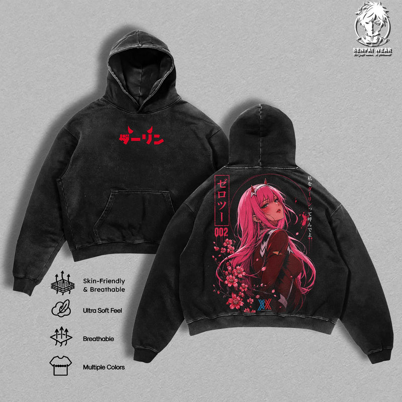 Zero Two – Darling in the Franxx Oversize Anime Graphic Tee, Acid Washed Heavy Cotton Shirt, Vintage Manga Streetwear, Unisex Casual Wear, Anime Merch, Gift for Anime Fans