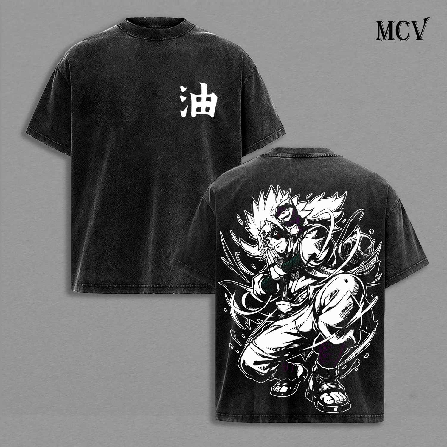 Naruto Sage Mode Jiraiya Vintage Washed T-Shirt, Oil Symbol Kanji Anime Graphic Tee, Ninja Master Streetwear Heavy Cotton Shirt