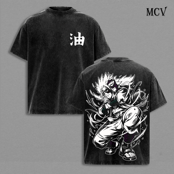 Naruto Sage Mode Jiraiya Vintage Washed T-Shirt, Oil Symbol Kanji Anime Graphic Tee, Ninja Master Streetwear Heavy Cotton Shirt
