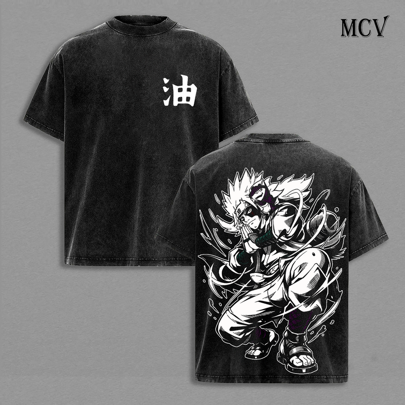 Naruto Sage Mode Jiraiya Vintage Washed T-Shirt, Oil Symbol Kanji Anime Graphic Tee, Ninja Master Streetwear Heavy Cotton Shirt
