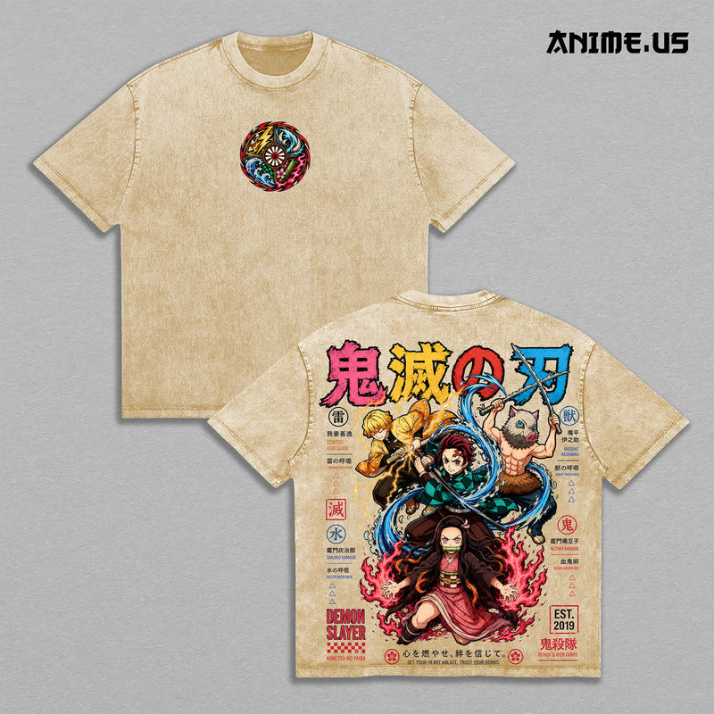 Tanjiro Nezuko Zenitsu Inosuke Demon Slayer Anime Graphic Vintage Washed Oversized T-Shirt Kimetsu No Yaiba Manga Art Heavyweight Cotton Streetwear Back Print Tee