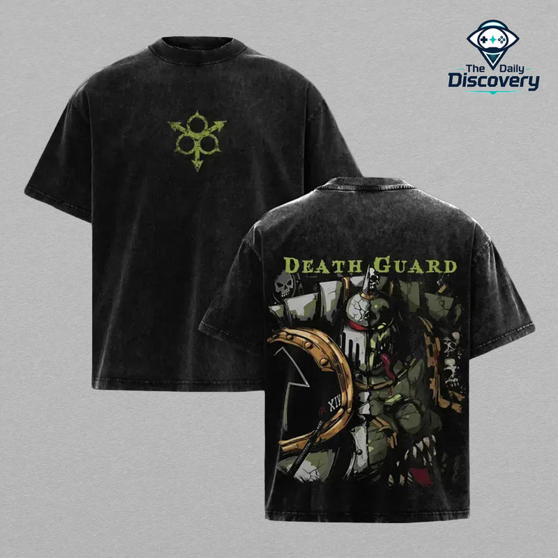Warhammer 40K Death Guard Oversized T-Shirt / Hoodie | Dual-Sided Nurgle Design: Grimdark Chaos Marine Back Print & Cute Chibi Nurglings Front Hit | Traitor Legion Fandom Apparel.