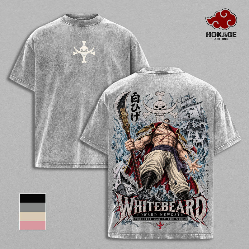 Whitebeard Edward Newgate OP T-Shirt, Strongest Man Pirate Graphic Tee, Back Print Vintage Washed Anime Shirt, Heavyweight Oversized Tee, Streetwear for Men