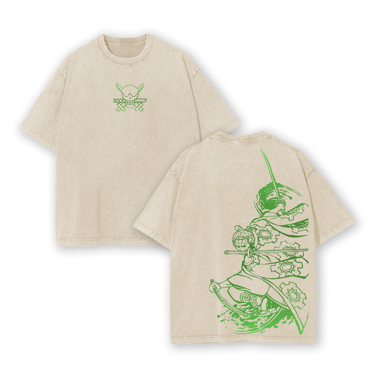 Retro One Piece Washed Tee – "Roronoa Zoro" Green Edition, Vintage Oversized T-Shirt Featuring Iconic Three-Sword Style & Pirate Hunter Design – Soft Cotton Streetwear Anime Merch for One Piece Fans