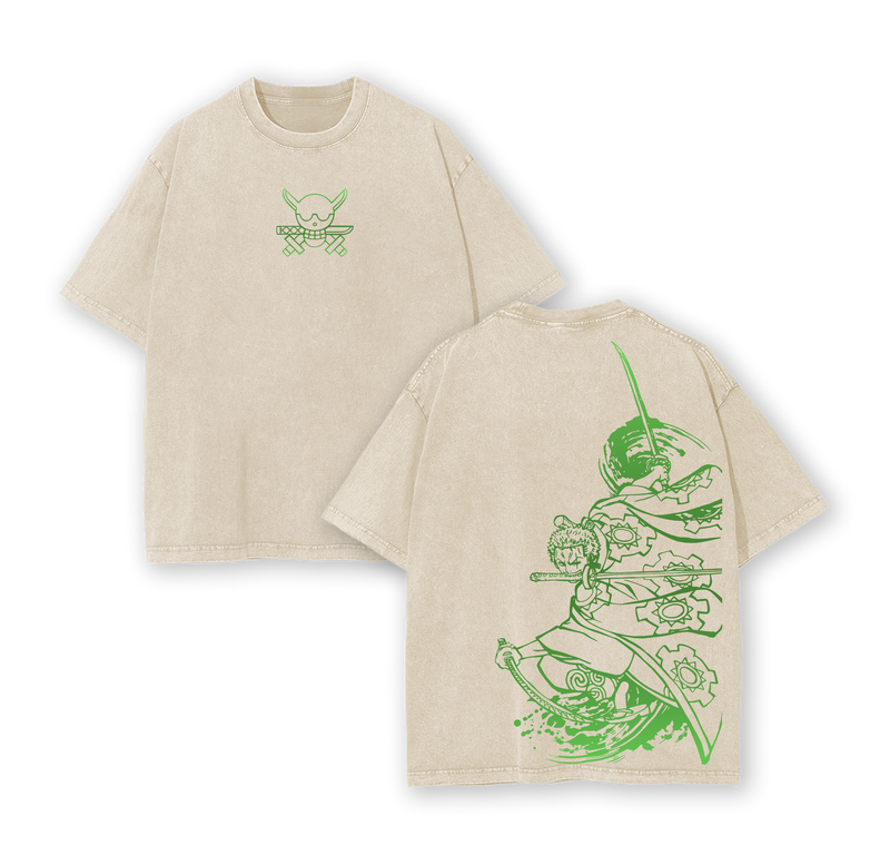 Retro One Piece Washed Tee – "Roronoa Zoro" Green Edition, Vintage Oversized T-Shirt Featuring Iconic Three-Sword Style & Pirate Hunter Design – Soft Cotton Streetwear Anime Merch for One Piece Fans