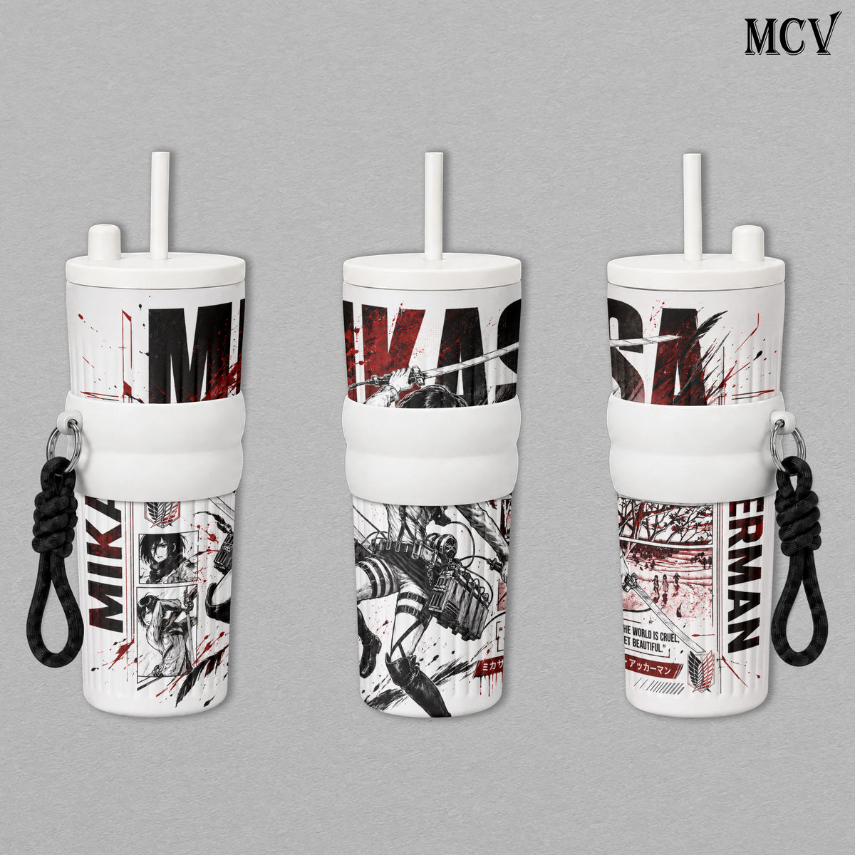 Mikasa Ackerman - Attack on Titan Anime - Survey Corps ODM Gear Red Scarf Manga Embossed Raised Art - 17oz 24oz 30oz Insulated Tumbler, Stainless Steel Water Bottle, Straw Cup, Handle Travel Mug