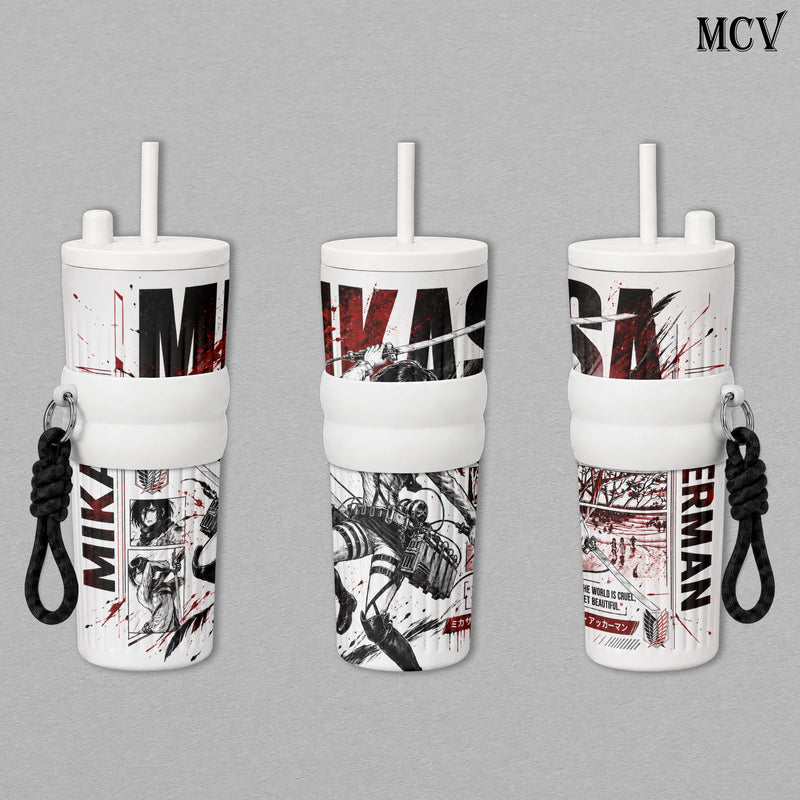 Mikasa Ackerman - Attack on Titan Anime - Survey Corps ODM Gear Red Scarf Manga Embossed Raised Art - 17oz 24oz 30oz Insulated Tumbler, Stainless Steel Water Bottle, Straw Cup, Handle Travel Mug