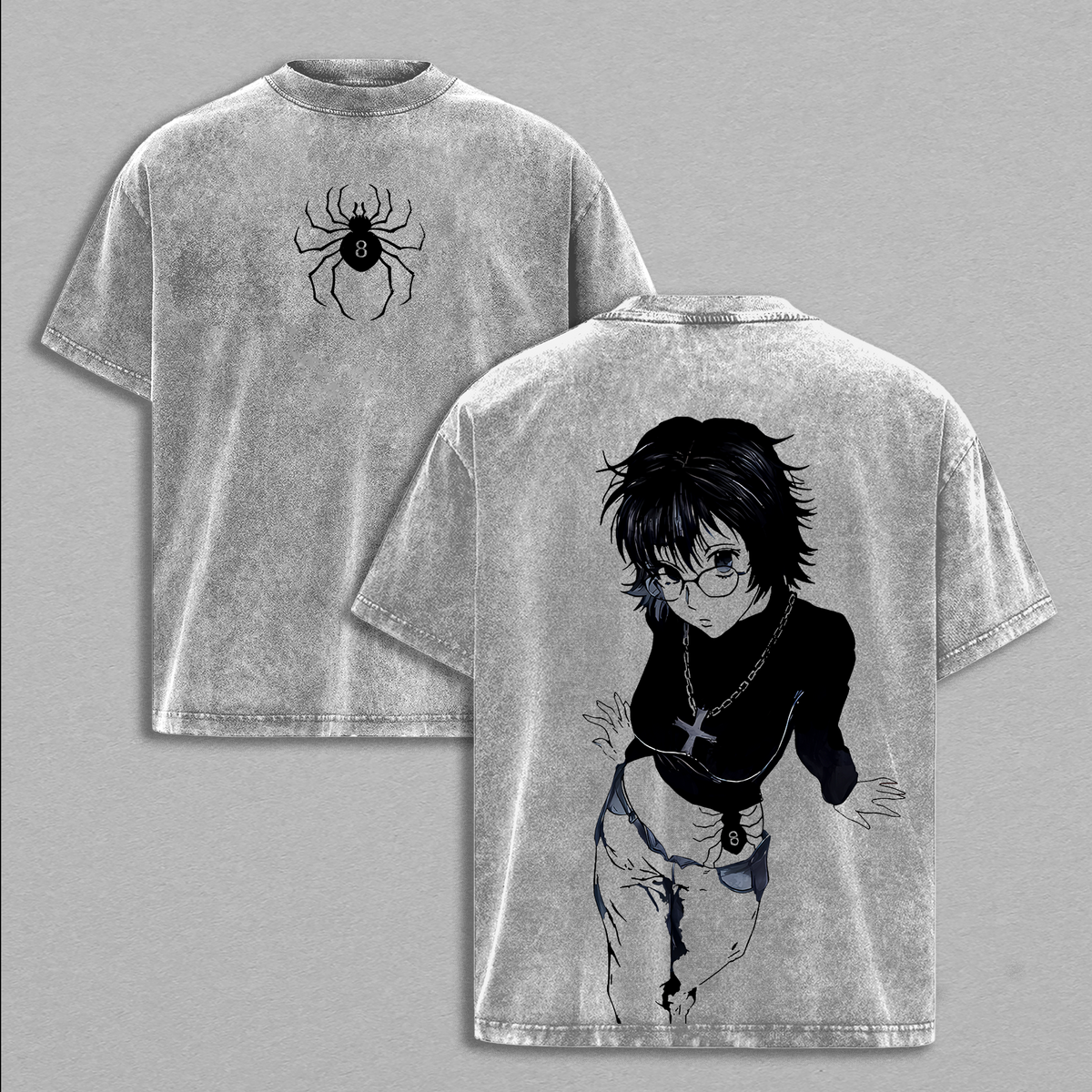 Shizuku Hunter X Hunter Anime Double Printed Vintage Washed Tee Unisex Oversize Heavyweight Cotton T-shirt for Anime Fans and Lovers