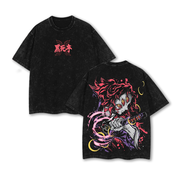 Vintage ''Breath of the Moon'' Kokushibo T-Shirt Demon Slayer Infinity Castle Arc Graphic Tee Acid Washed Cotton Shirt