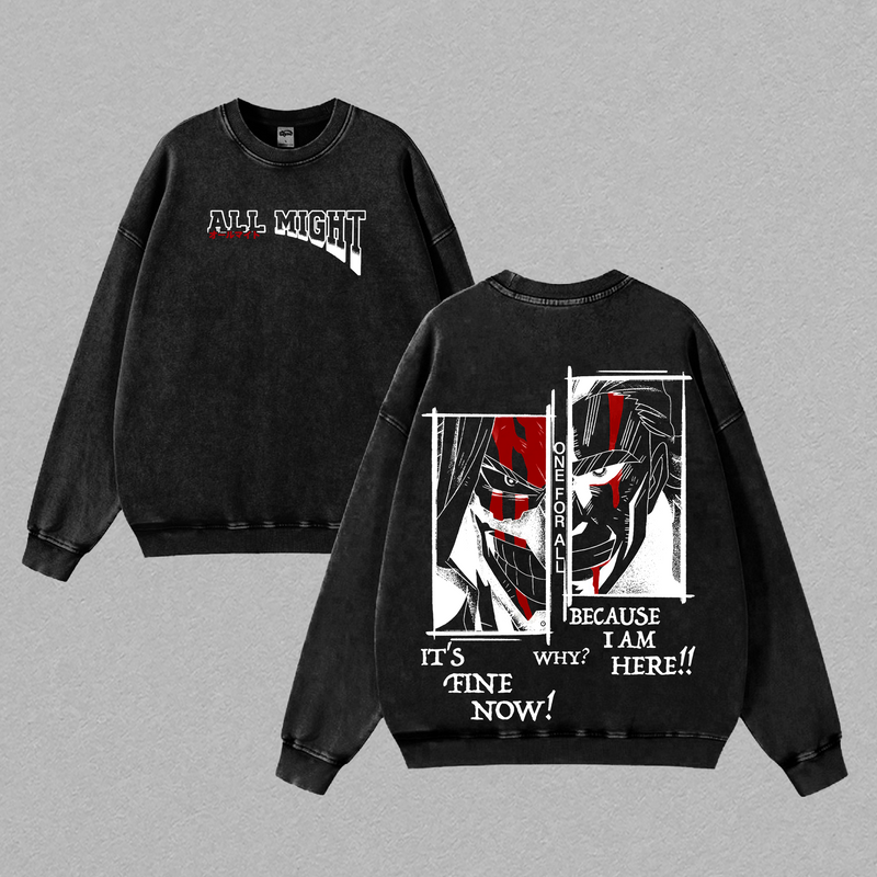 My Hero Academia Anime All Might Symbol of Peace Hero Manga Double Printed Oversize Lightweight Acid Washed Tee Japanese Anime Graphic Top Cotton Gift T-Shirt For MHA Fan, Gift T-Shirt For Anime Lover