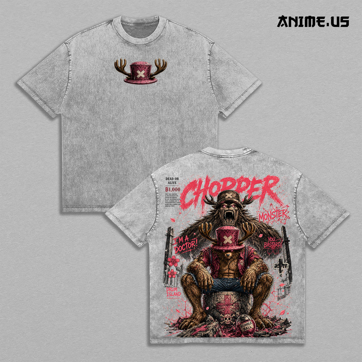 Toni Chopper Monster Point OnePiece Anime Graphic Tee Drum Island Doctor Vintage Washed Oversized T-Shirt Manga Art Heavyweight Cotton Streetwear Back Print Shirt