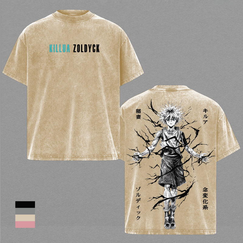 Killua Zoldyck Hunter x Hunter Vintage Washed T-Shirt, Anime Graphic Tee Heavyweight Cotton Streetwear