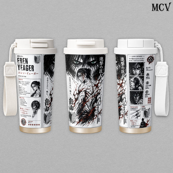 Eren Yeager Attack on Titan Embossed Art Tumbler 17oz 24oz 30oz - Anime Stainless Steel Insulated Cup, Travel Mug, Water Bottle, Raised Print Gift for Fans