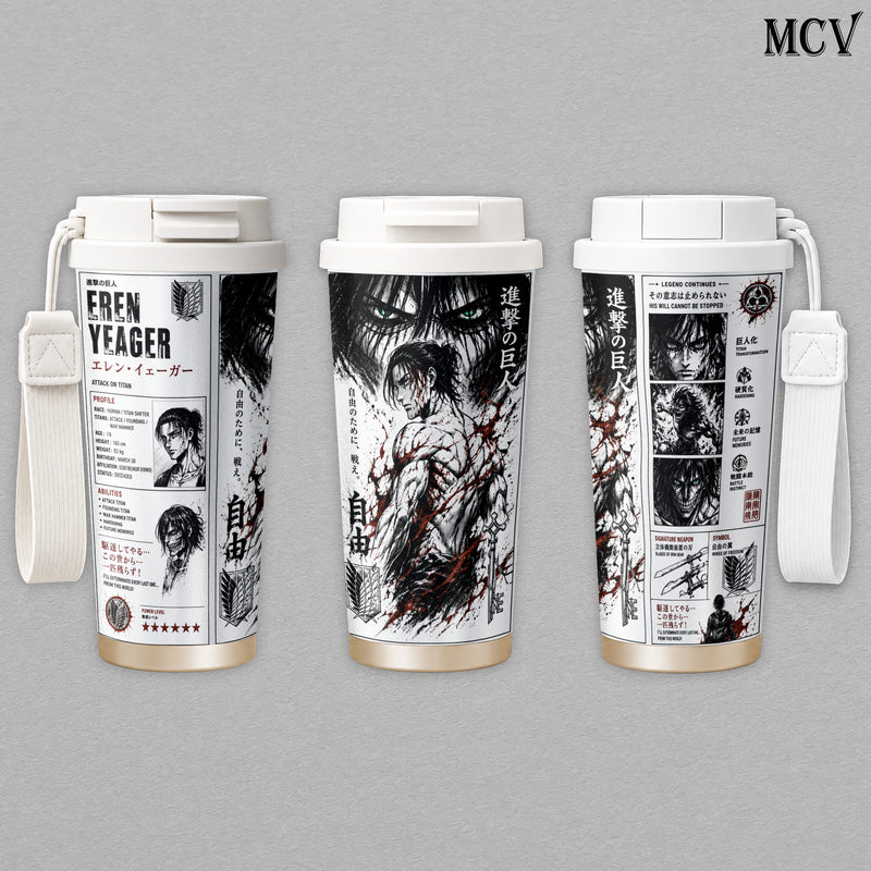 Eren Yeager Attack on Titan Embossed Art Tumbler 17oz 24oz 30oz - Anime Stainless Steel Insulated Cup, Travel Mug, Water Bottle, Raised Print Gift for Fans