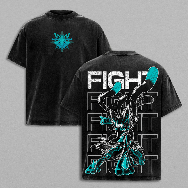 Mega Lucario - PKM Anime T-Shirt Vintage Acid Wash Oversized Graphic Tee Streetwear Aura Gift
