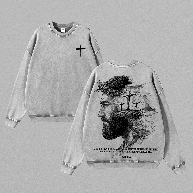 John 14:6 Vintage Washed Oversized Christian T-Shirt, Jesus Portrait Faith Graphic Tee, Heavy Cotton Dark Scripture Streetwear Top, Unisex Retro Worship Shirt for Believers
