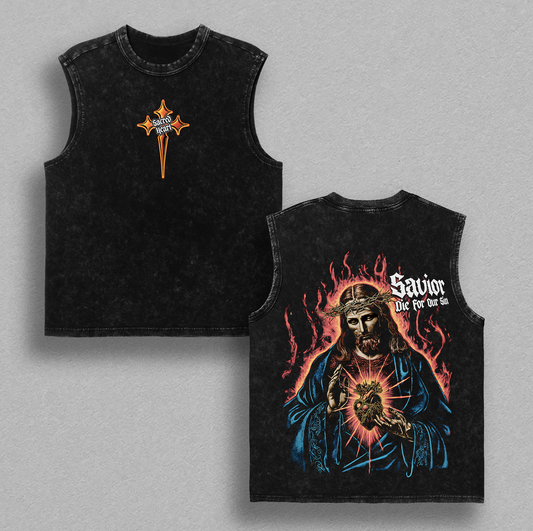 Sacred Heart Savior Tee | Vintage Washed Christian Oversized Shirt | Jesus Died for Our Sins Graphic | Faith and Redemption Streetwear | Glory Threads Spiritual Apparel Jesus Apparel