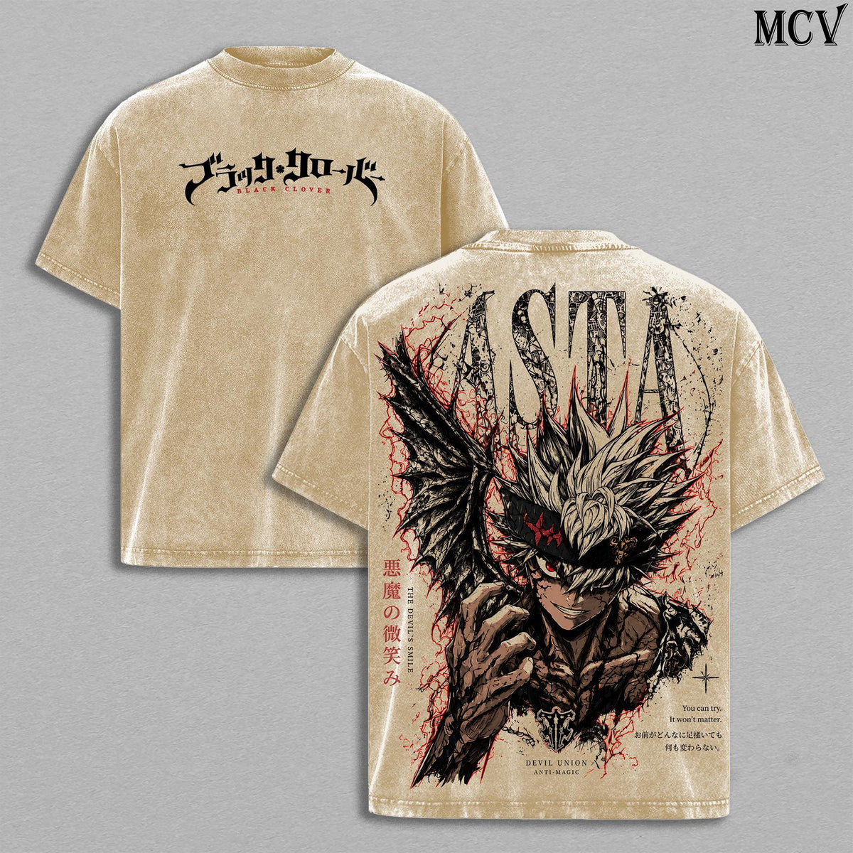 Asta Black Clover Tee – Asta Vintage Washed T-Shirt | Anti Magic Knight | Black Bulls Anime Manga Graphic Tee | Heavy Cotton Unisex Oversized Streetwear Top
