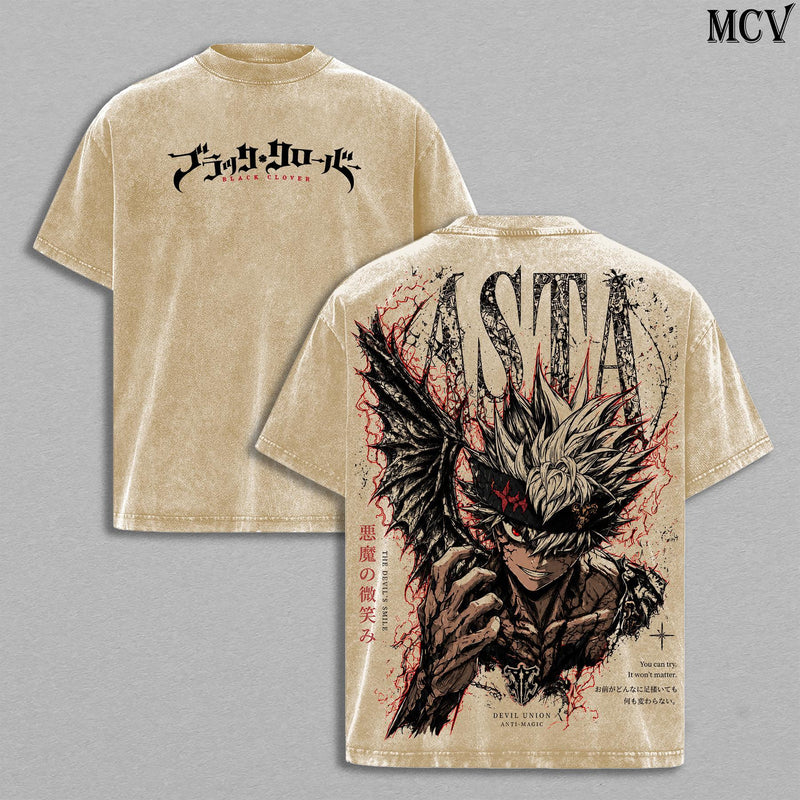 Asta Black Clover Tee – Asta Vintage Washed T-Shirt | Anti Magic Knight | Black Bulls Anime Manga Graphic Tee | Heavy Cotton Unisex Oversized Streetwear Top