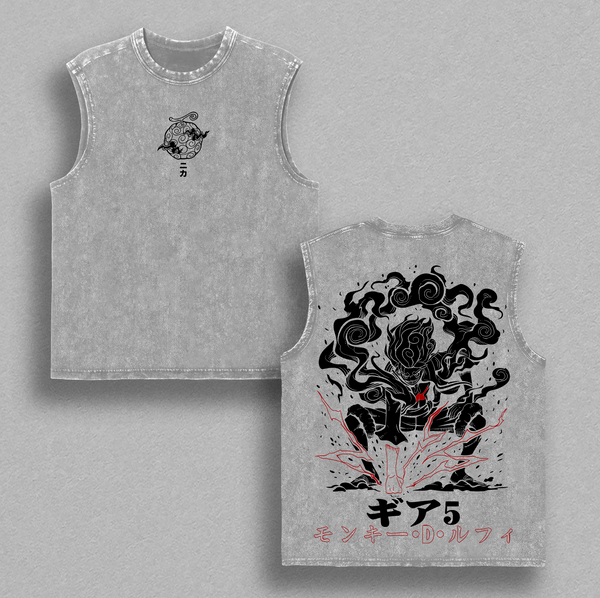 Sun Warrior Gear Form T-Shirt Vintage Washed Oversized Anime Tee Acid Wash Soft Cotton Streetwear Top Unisex Casual Outfit Manga Graphic Clothes Gift for Adventure Fans