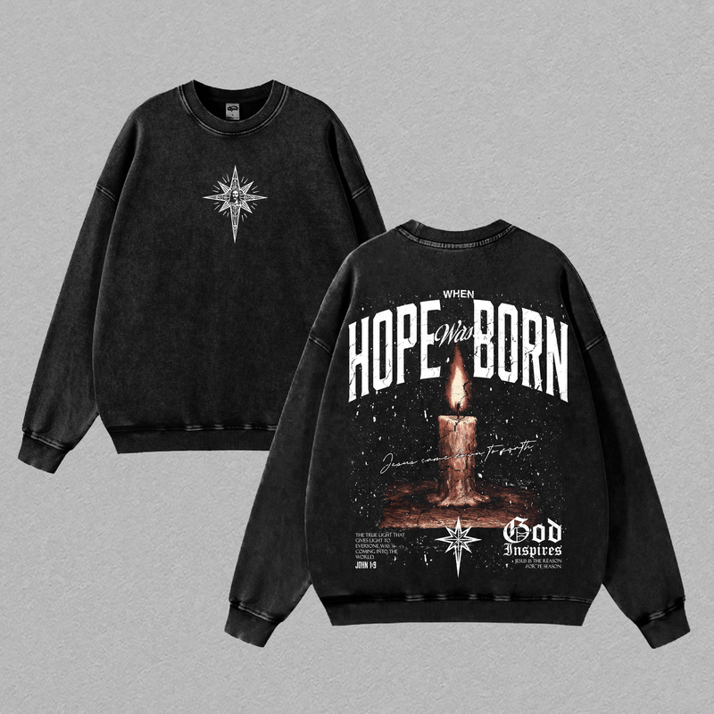 HOPE WAS BORN – Faith That Lights The Darkness Christian Washed T Shirt Jesus Candle Cross Graphic Heavy Cotton Streetwear Unisex Relaxed Fit Inspirational Religious Tee Dark Aesthetic Church Style