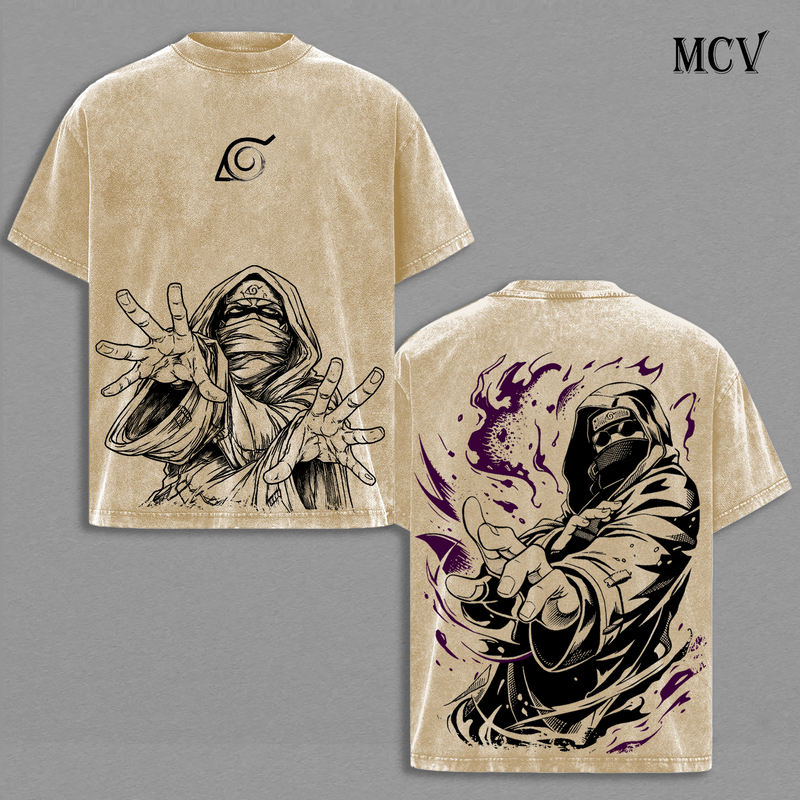 Naruto Aburame Shino Vintage Washed T-Shirt, Hidden Leaf Ninja Bug Technique Anime Graphic Tee, Dark Anime Streetwear Heavy Cotton