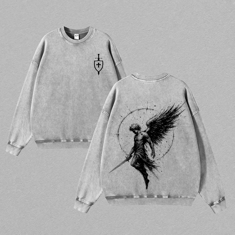 Sanctus Michael Archangelus x Flaming Sword x Shield x Scales of Justice Archangel Michael T-Shirt Washed Church Outfit Gym Pump Cover ,Christian Religious , Jesus Apparel