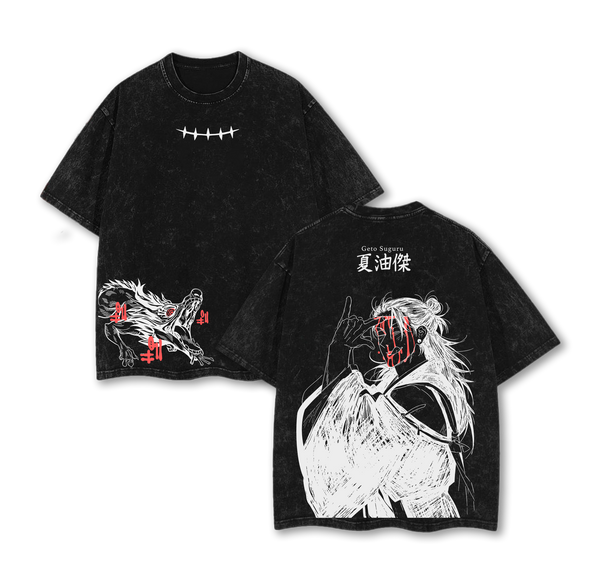 Geto Suguru Jujutsu Kaisen Tee Washed – Vintage Acid Wash Oversized Heavyweight Cotton Anime Manga T-Shirt, Double Printed Retro Unisex Streetwear Graphic Top, Gift for Anime Fans & Manga Lovers