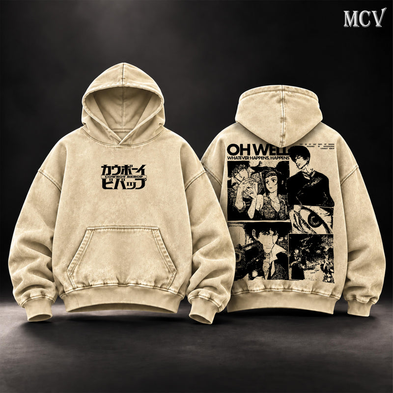 Cowboy Bebop Vintage Washed Oversized Hoodie, Spike Spiegel & Faye Valentine Anime Graphic Pullover, Double-Sided Retro 90s Y2K Streetwear, Unisex Anime Fan Gift