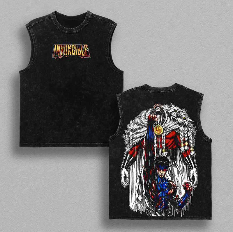 Invincible Thragg vs Mark Grayson Graphic Tee | Vintage Washed Oversized Heavyweight T Shirt | Dark Superhero Comic Streetwear Shirt | Blood Fight Large Back Print Tee | Heavy Cotton Unisex | Gym Pump Cover Gamer Outfit | Gift For Invincible Fans