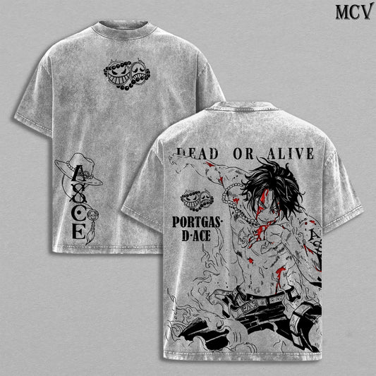Ace Fire Fist Anime Vintage Washed T-Shirt, Flame Pirate Graphic Tee, Manga Streetwear Shirt Heavyweight Cotton