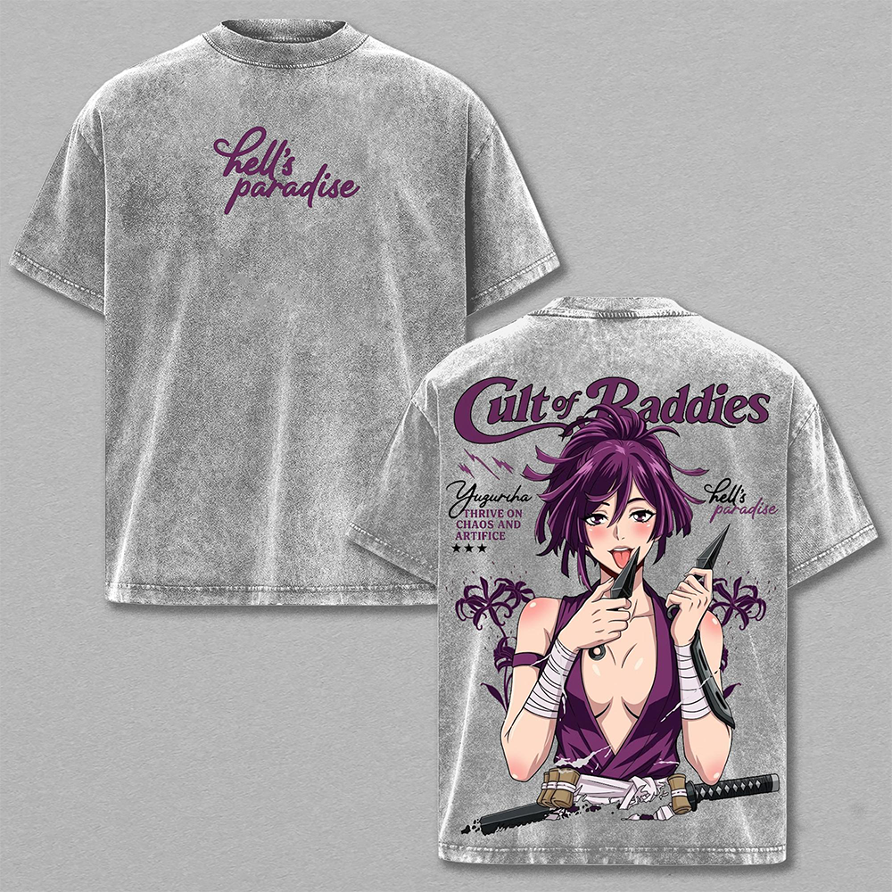 Yuzuriha Washed Tee – Hell’s Paradise Anime T-Shirt, Kunochi Assassin Beautiful yet Deadly Manipulative Survivor Skilled Ninja Charm and Deception Dual Nature Dark Femme Fatale Vintage Streetwear