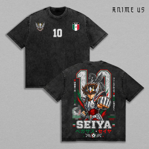 Mexico World Football 2026 Vintage Washed Seiya Anime Soccer Shirt, Tricolor Futbol Warrior Graphic Tee, Oversized Heavyweight Cotton Streetwear, Mexico Inspired Fan Gift Apparel
