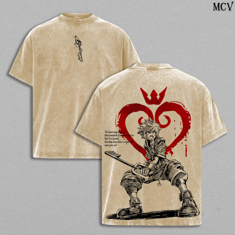 Sora Kingdom Hearts Tee Washed – Kingdom Hearts Vintage Washed Heavy Cotton Oversized Graphic T-Shirt & Hoodie, Retro Anime Game Crossover Streetwear, Keyblade Wielder Heartless Emblem Edition, Unisex Aesthetic Top