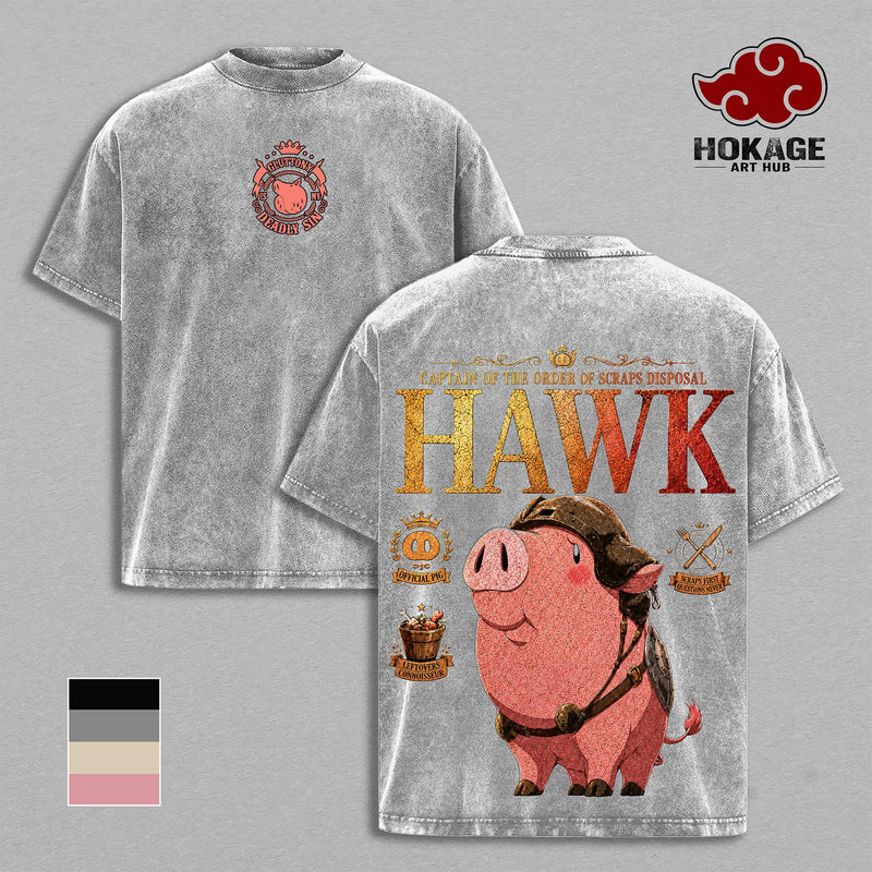 Hawk -7DS Seven Deadly Sins Gluttony Pig Mascot Double Printed Tee, Stone Wash Streetwear For Men, Heavyweight Unisex Oversized Shirt, Gift For Anime Fans