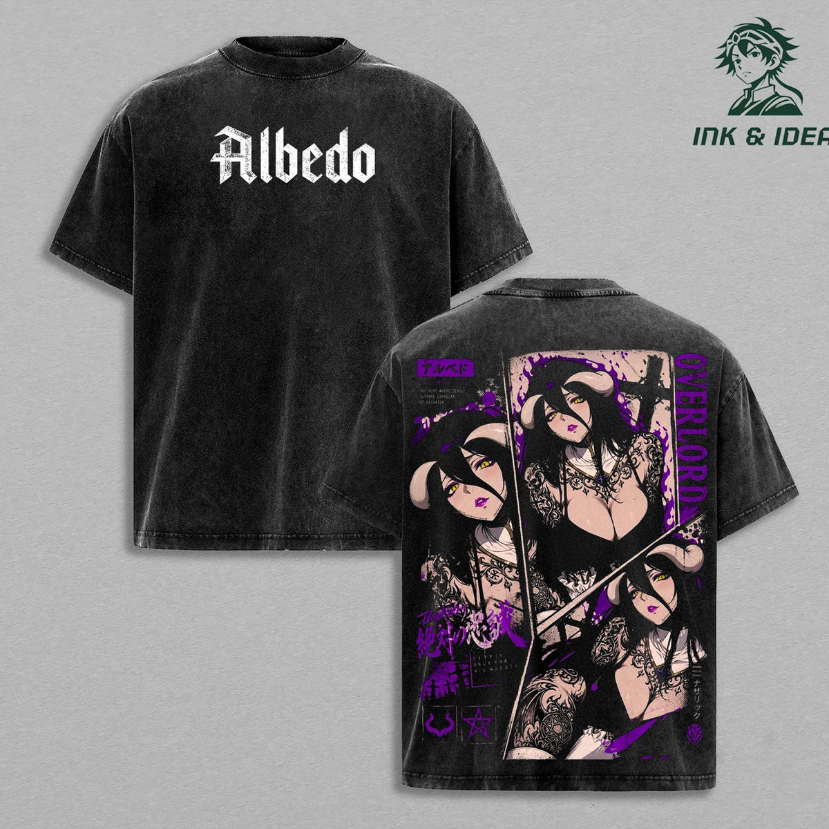 Albedo Overlord Vintage Washed Anime T-Shirt Guardian Overseer Graphic Tee Dark Fantasy Waifu Shirt Heavyweight Cotton Streetwear Unisex Manga Apparel Gift for Overlord Fans