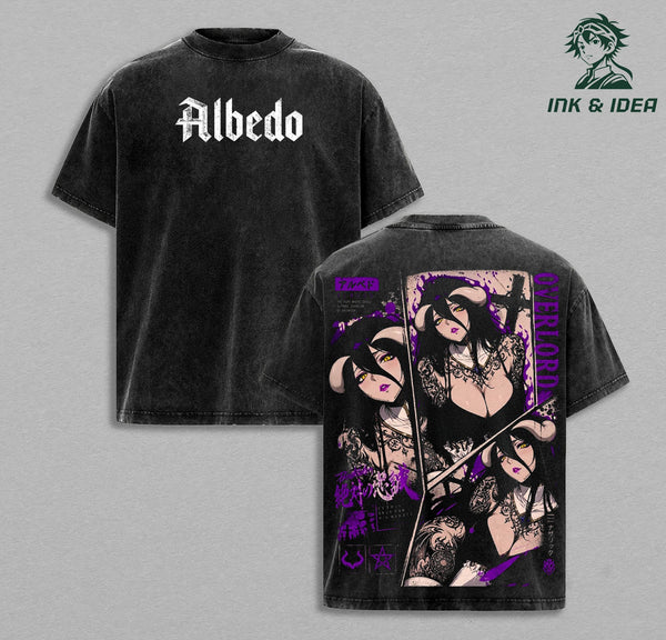 Albedo Overlord Vintage Washed Anime T-Shirt Guardian Overseer Graphic Tee Dark Fantasy Waifu Shirt Heavyweight Cotton Streetwear Unisex Manga Apparel Gift for Overlord Fans