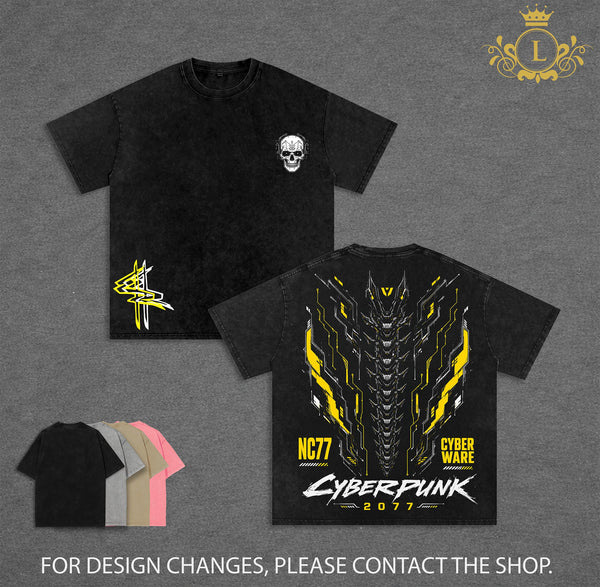Cyberpunk 2077 V2 Gaming Double Printed Vintage Washed Tee Unisex Oversize Washed Heavyweight Cotton T-shirt, Gift For Gamers, Game Lover