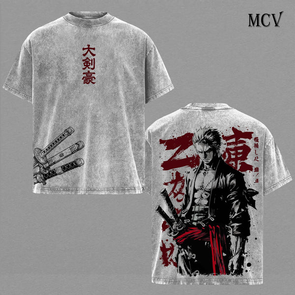 Zoro - OP Vintage Washed T-Shirt, Relaxed Fit, Heavyweight Cotton, Unisex Streetwear Casual Wear, Three Swordsman Graphic Tee, Gift for Anime Fans