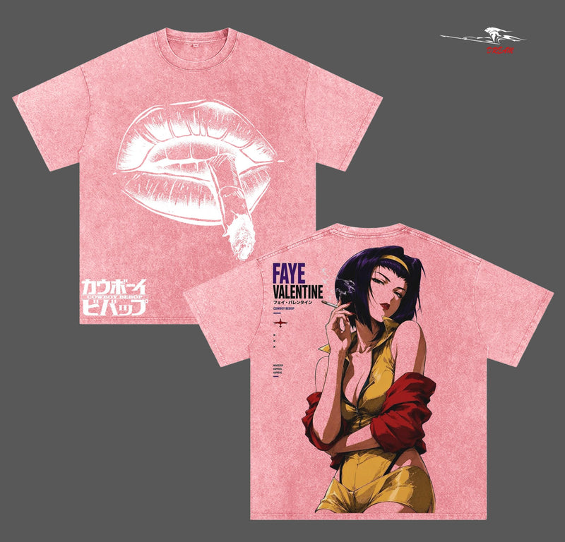 Faye Valentine Cowboy Bebop Anime Double Printed Vintage Washed Tee Unisex Oversize Heavyweight Cotton T-shirt for Anime Fans and Lovers