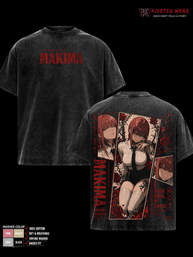 Makima T-Shirt, Chainsaw Man Graphic Tee, Control Devil Anime Shirt, Vintage Washed Oversized Short Sleeve, Soft Cotton Streetwear, Menswear Casual Top, Gift For Anime Fans