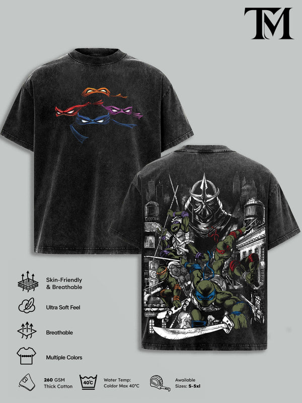 Vintage Black Washed TMNT T-Shirt, Front "Turtles" Logo & Side Weapon Flags + Back Full TMNT & Shredder Print, Oversized Unisex Tee for Retro Anime Fans